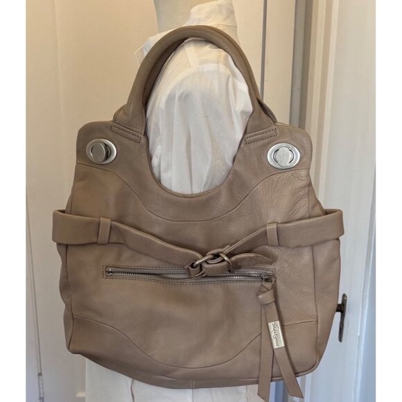 Foley + Corinna Jet Setter Taupe Leather Shoulder Bag With Front Zipper Pocket